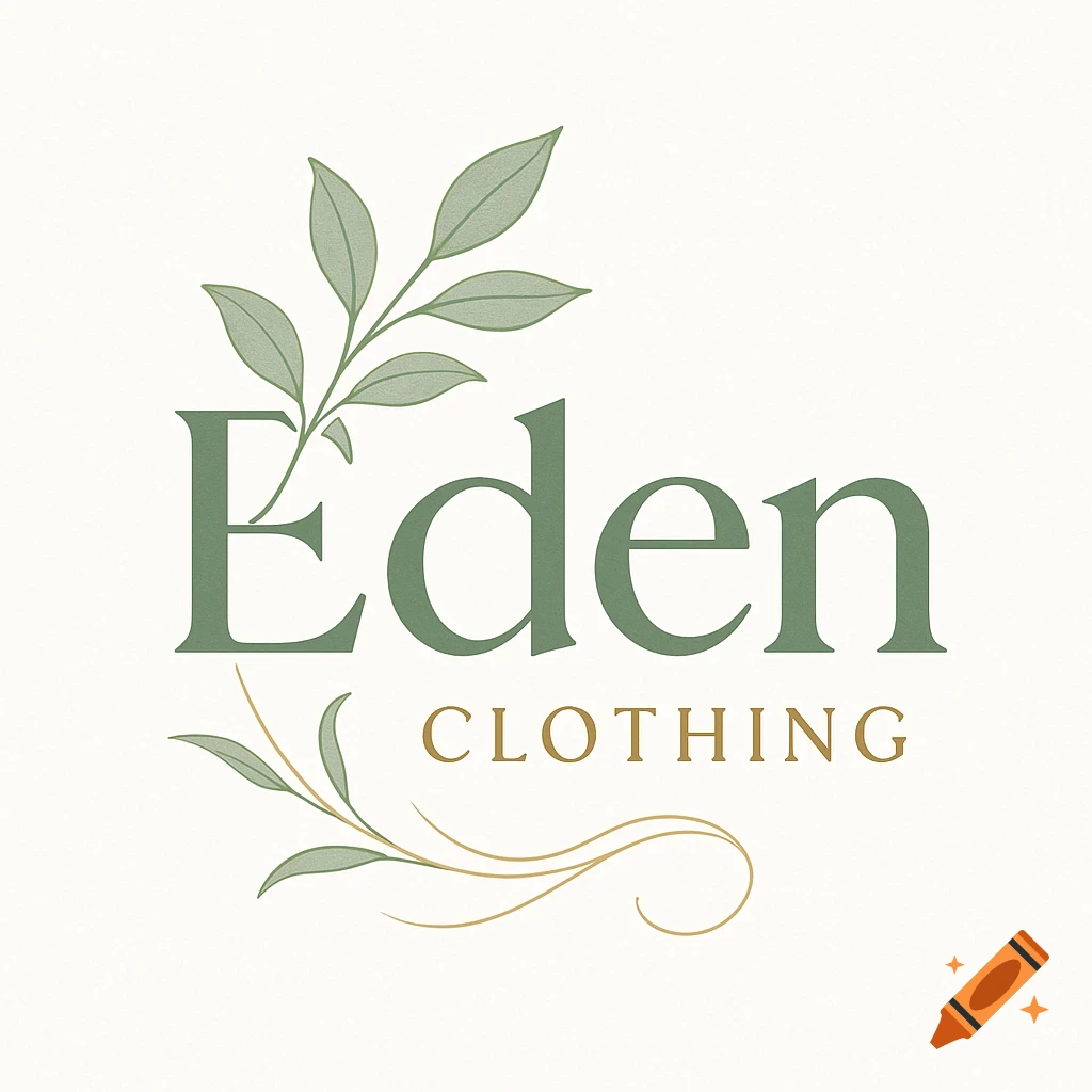 Green and gold logo for Eden Clothing, featuring stylized leaves and elegant serif text.