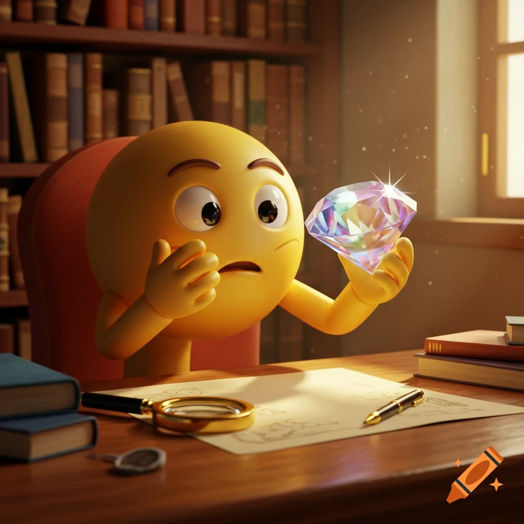 A 3D emoji character with a surprised expression examines a sparkling diamond on a desk in a library.