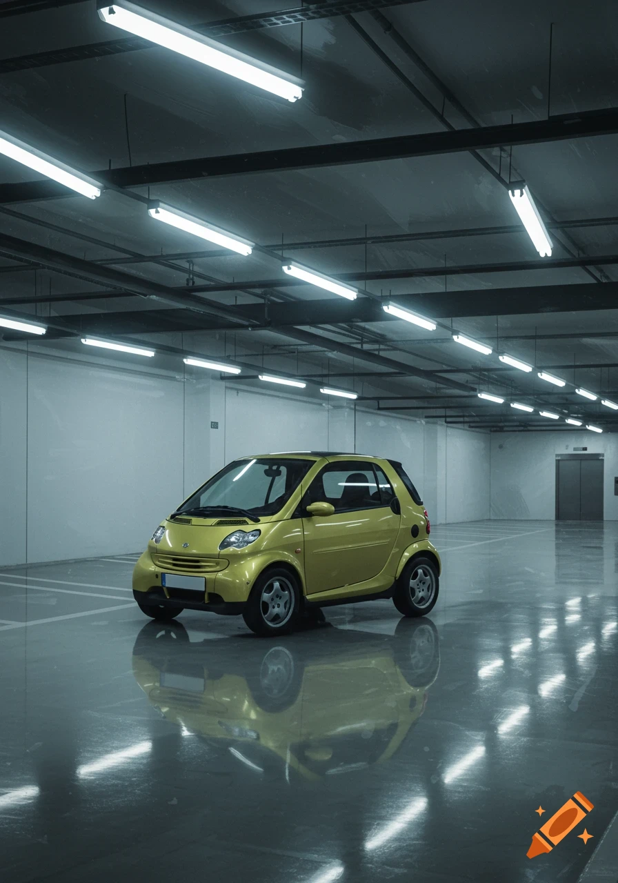 A yellow Smart Fortwo car is parked in an empty, brightly lit parking garage with a reflective floor.