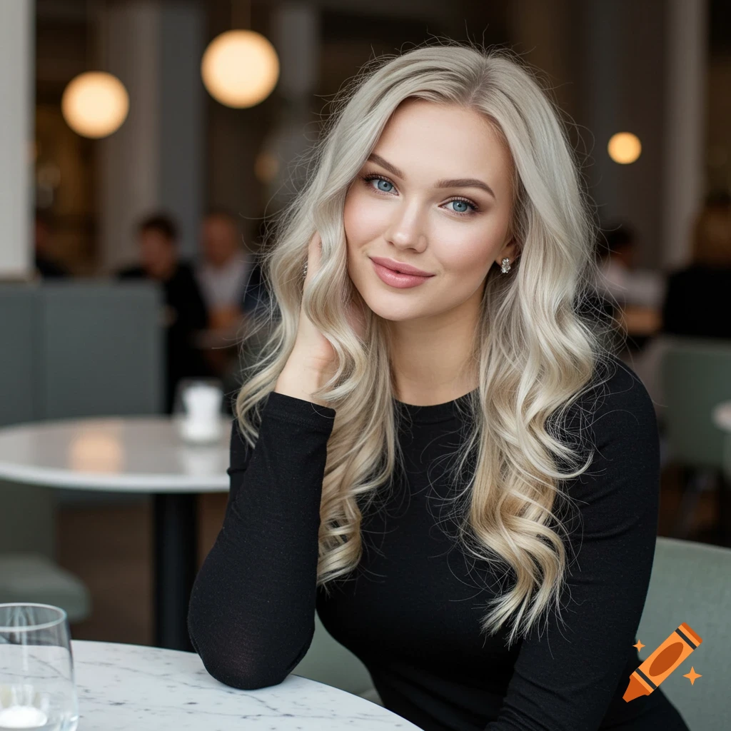 A beautiful ash blonde woman with blue eyes, wearing a black top, sitting at a table in a stylish cafe, smiling subtly.