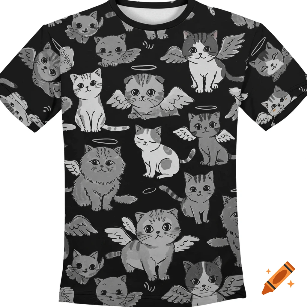 A black t-shirt with a pattern of various grayscale cartoon kittens with angel wings and halos.