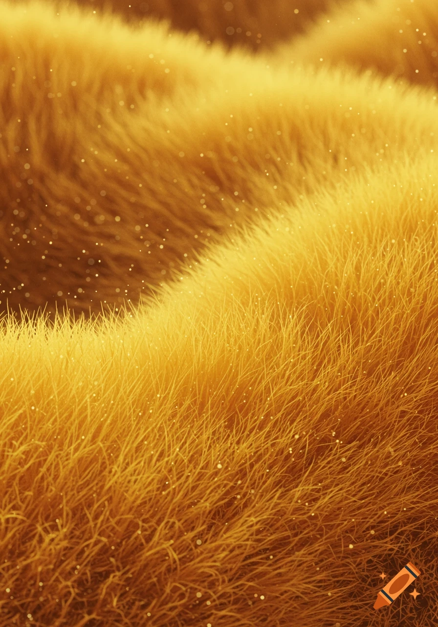 Close-up of fluffy yellow texture with sparkling specks, resembling stylized grass or fur.