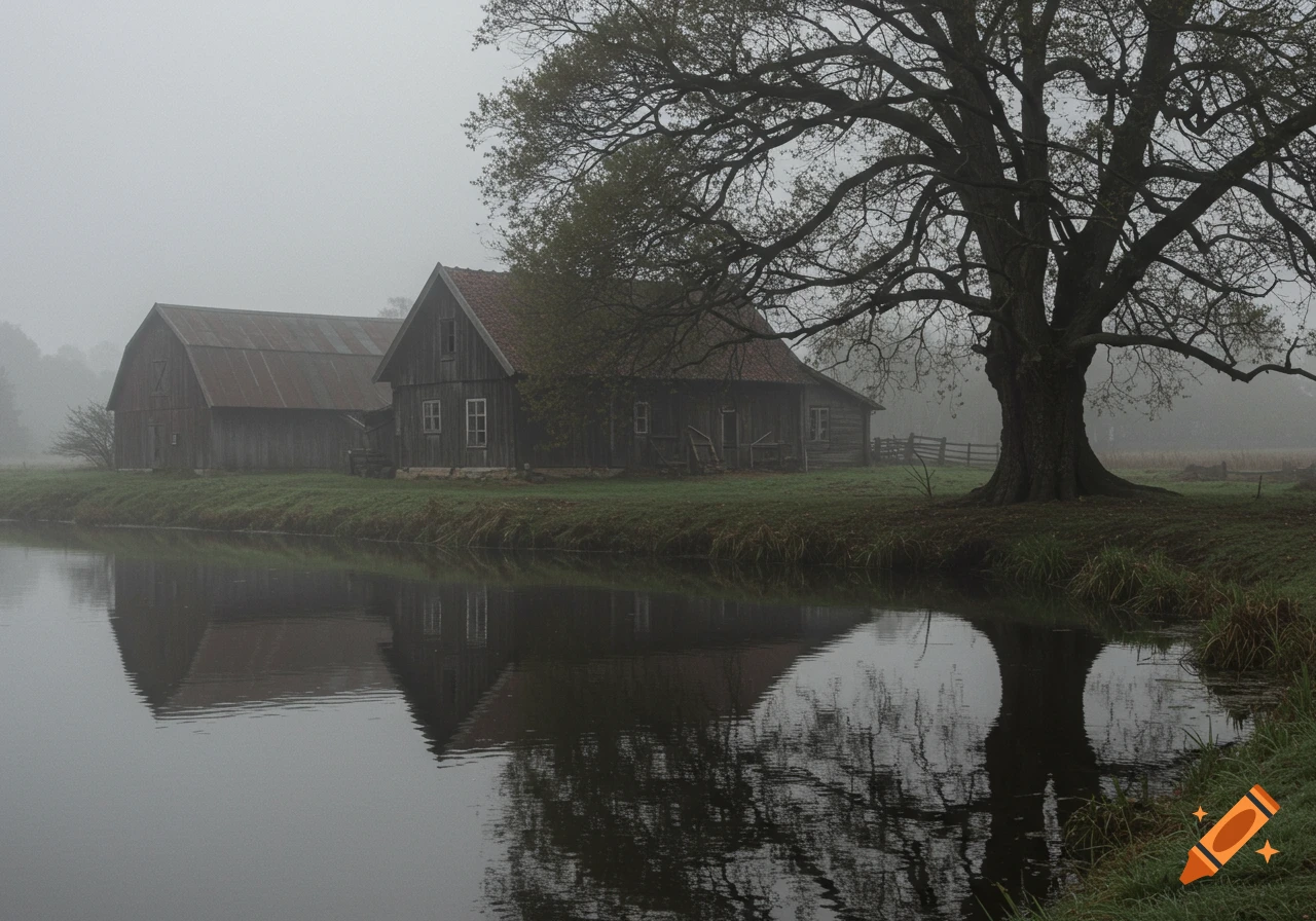 A rustic farmhouse and barn by a still river, shadowed by a large, gnarled tree on a misty day.