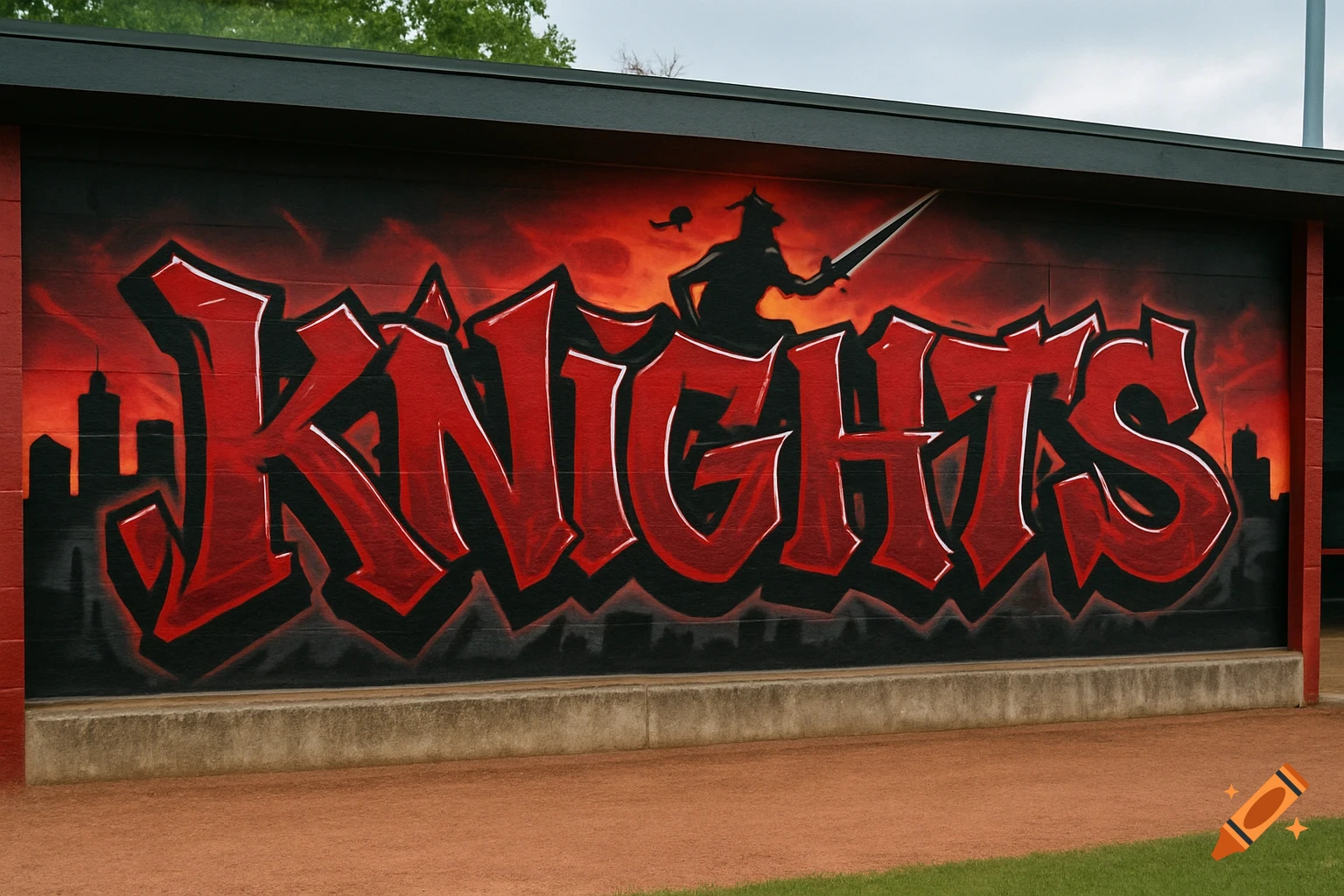 A red and black graffiti mural spelling KNIGHTS with a knight silhouette and cityscape against a fiery sky on a baseball dugout wall.