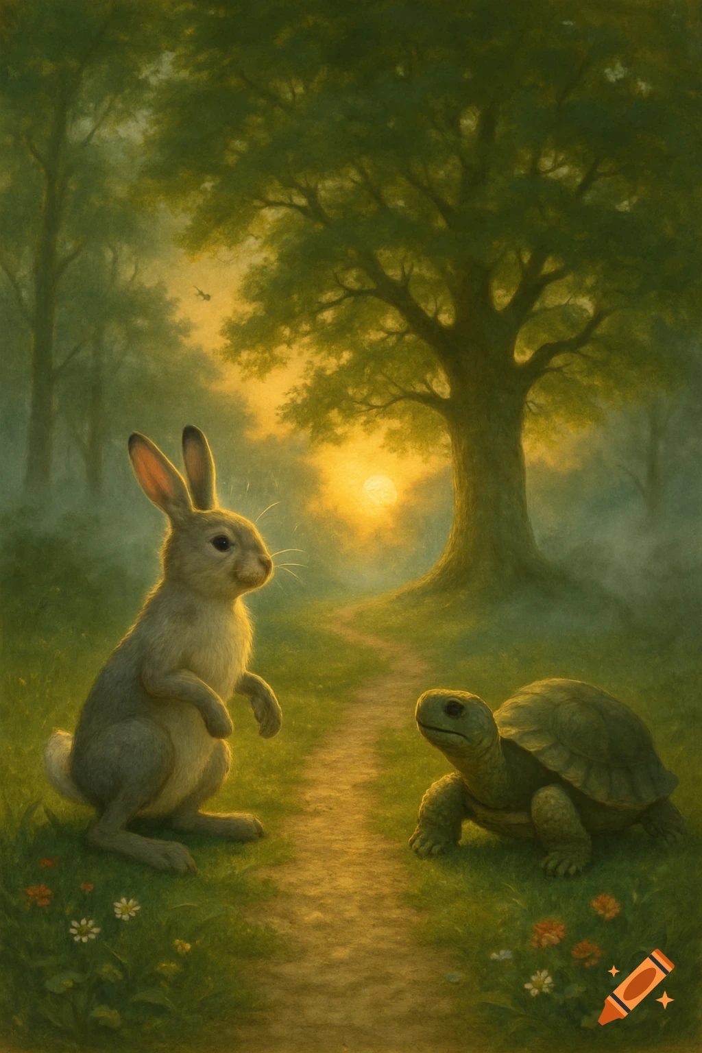 A rabbit stands on a path facing a turtle, with a large tree and glowing sunset in a misty forest background, painterly style.