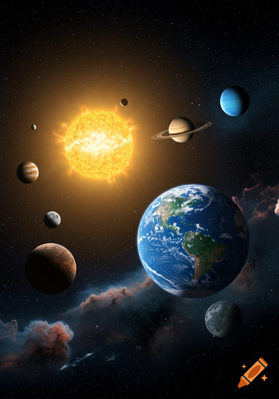 A detailed, vibrant depiction of the solar system showing the sun, Earth, and other planets against a starry background.