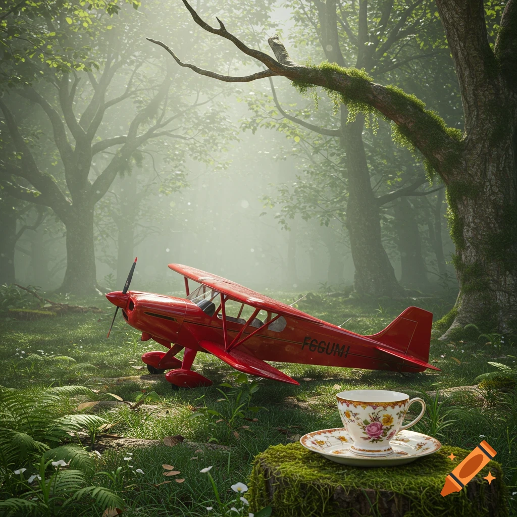 A small red biplane on mossy ground in a misty forest, with a floral teacup on a tree stump.