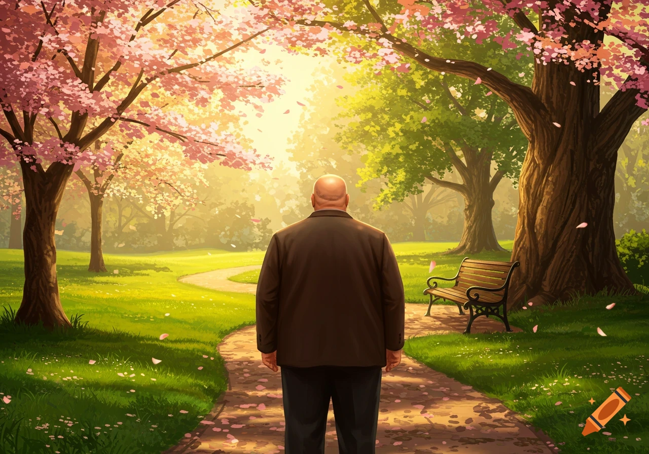 An illustrative scene of a bald man from behind, standing on a park path lined with blooming cherry trees under a sunny sky.