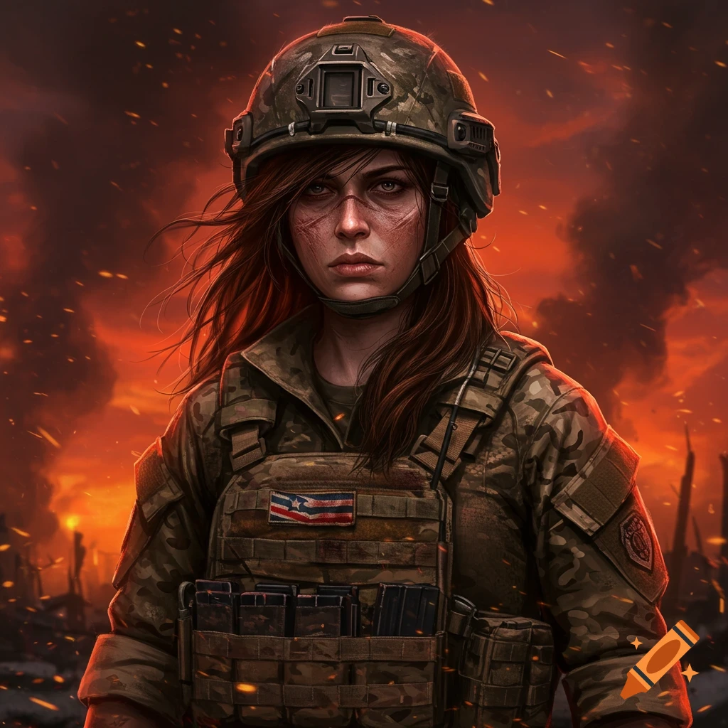 Digital art of a scarred female soldier in a combat helmet and camouflage uniform, standing against a burning, war-torn sky.