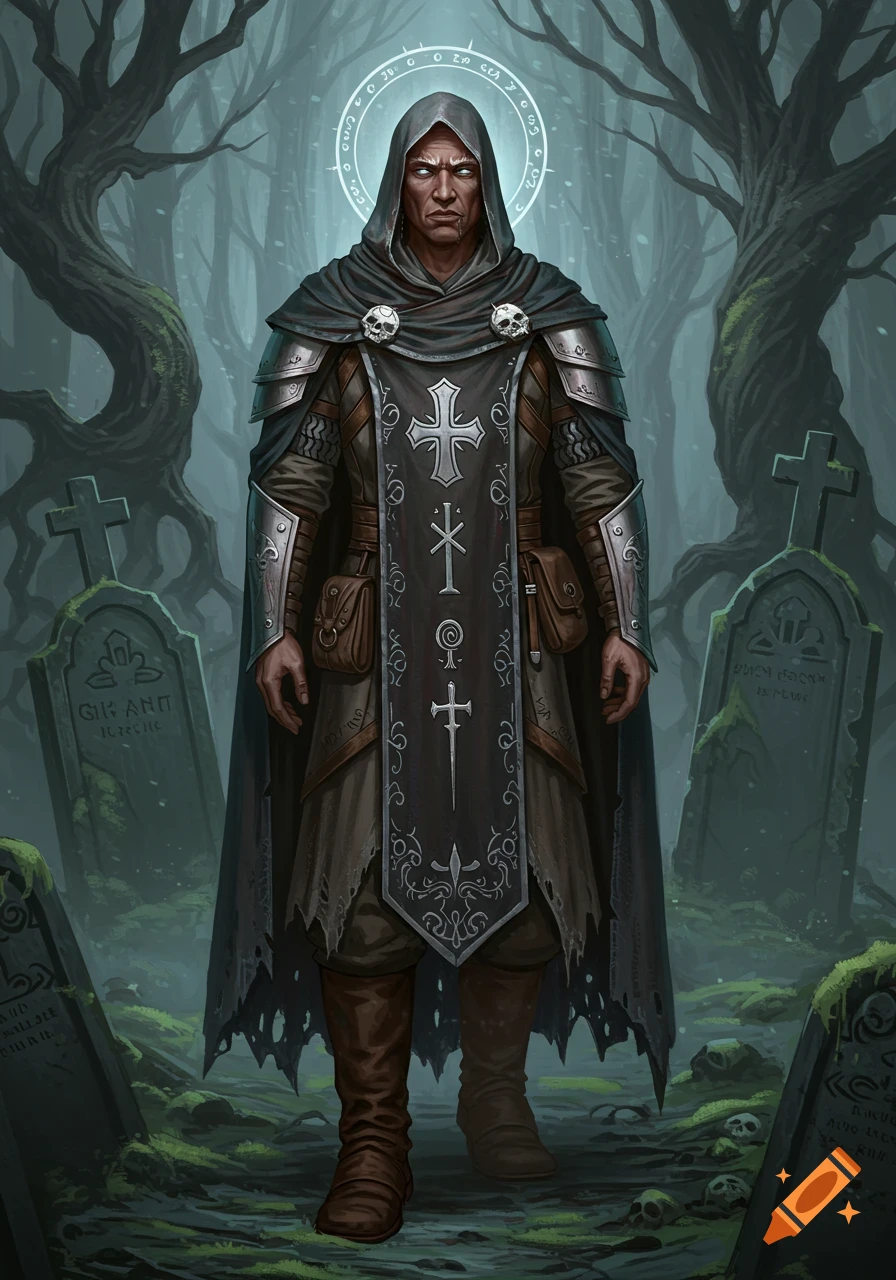 A grim male Aasimar Grave Domain Cleric stands in a foggy graveyard, wearing a hooded cloak and armor with crosses and symbols.