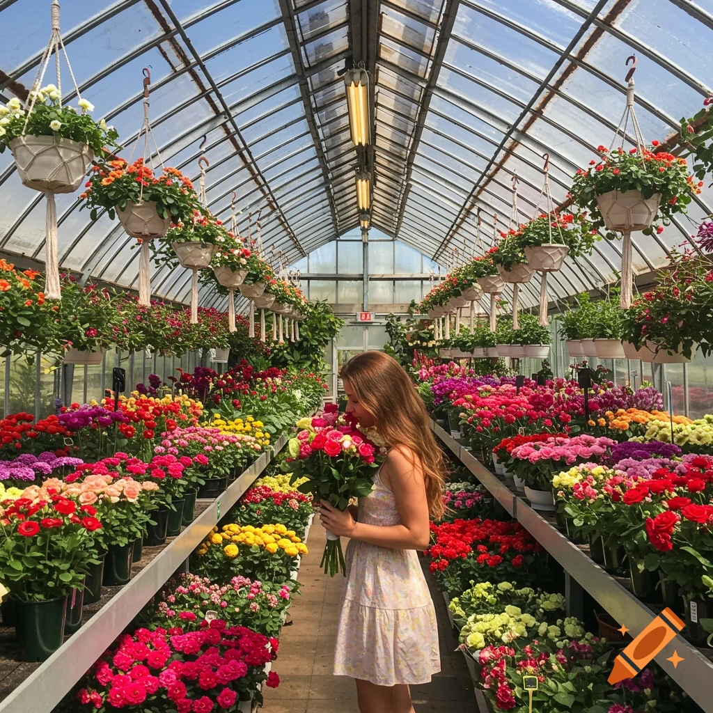 A young lady in a dress smells a bouquet of colorful flowers in a sunlit greenhouse filled with rows of potted plants.