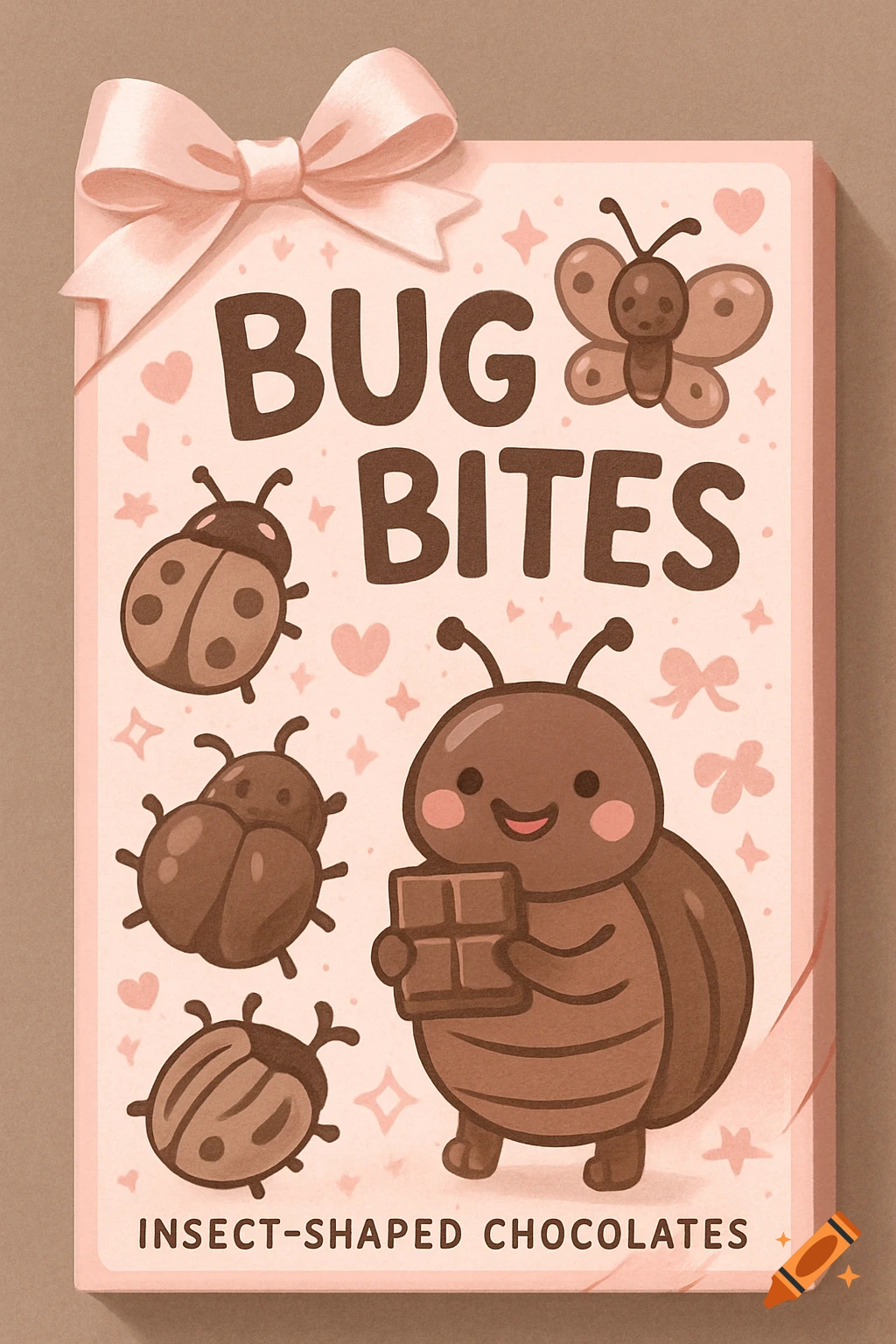 Cute, pastel pink and brown chocolate box with a bow, featuring cartoon insects, "Bug Bites" text, and a beetle holding a chocolate bar.