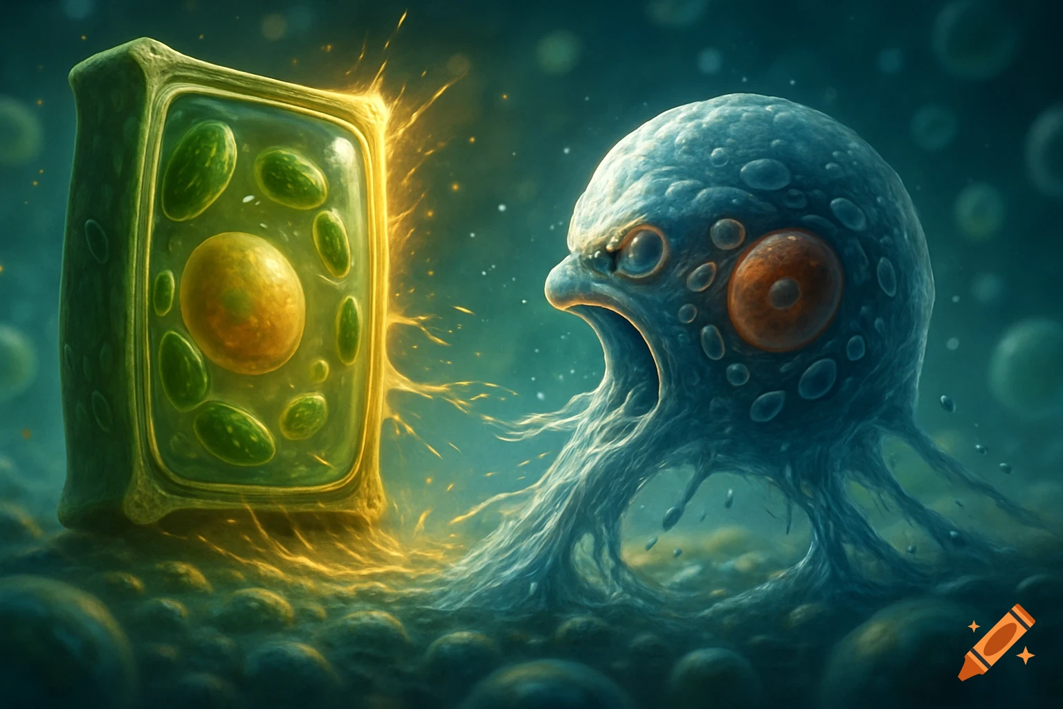 A stylized, glowing green plant cell faces a blue, textured animal cell in a vibrant, dark microscopic environment.