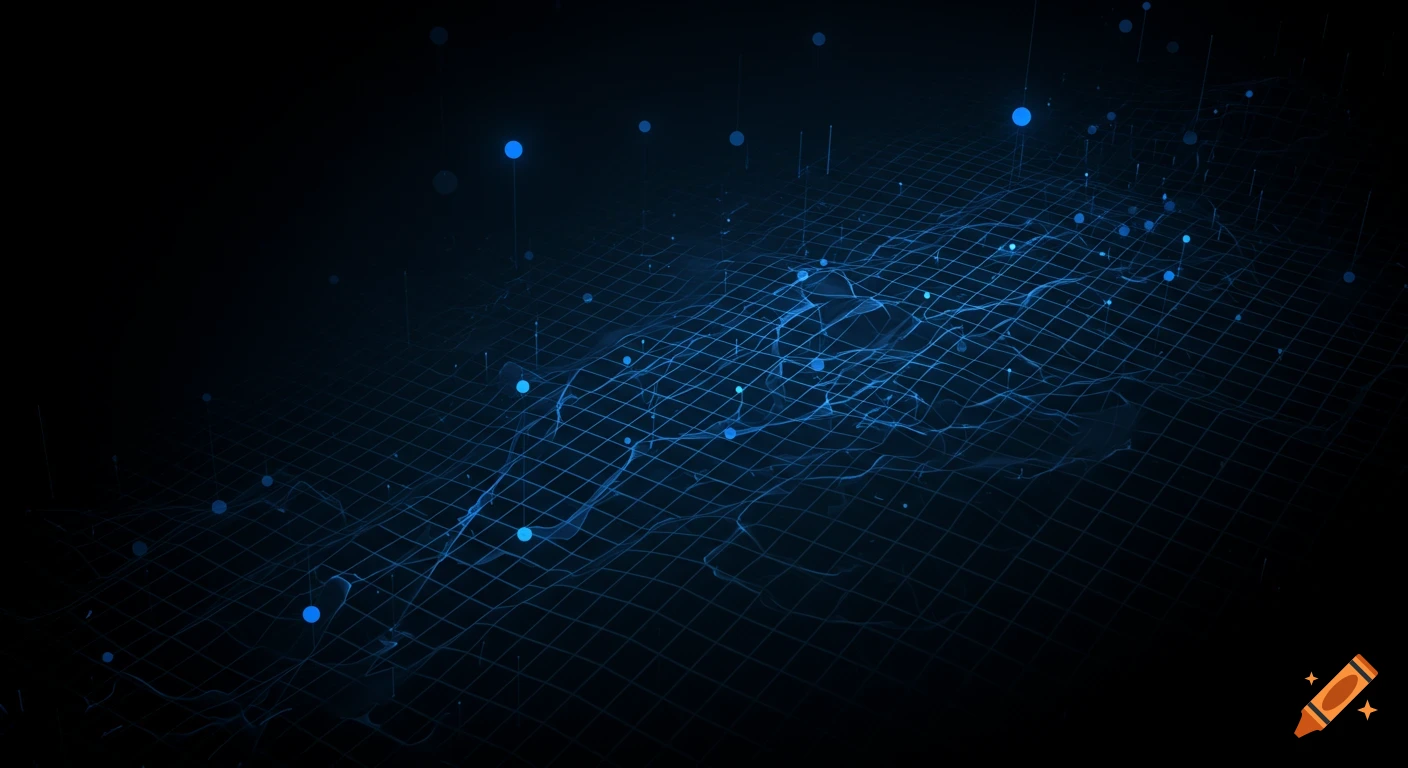 Abstract blue glowing grid with floating dots on a dark background, representing data or technology.