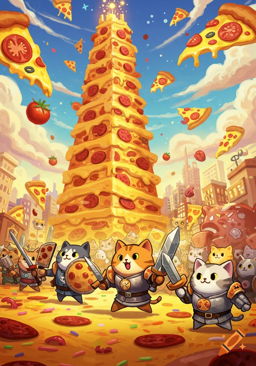 Cartoon cat knights stand on pizza-covered ground before a towering stack of pizzas, with slices flying in a city skyline.