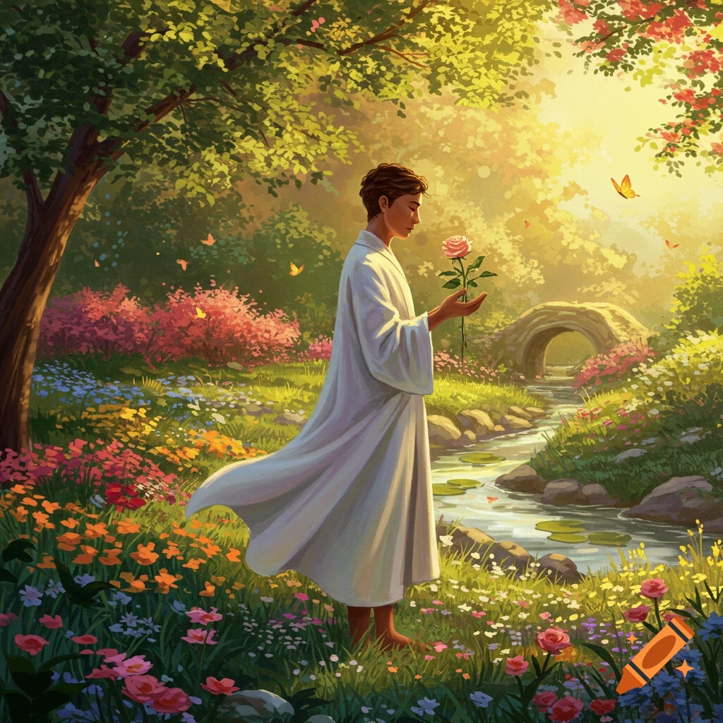 A person in a white robe holds a pink rose in a lush, sunlit fantasy garden with a stream, stone bridge, and colorful flowers.