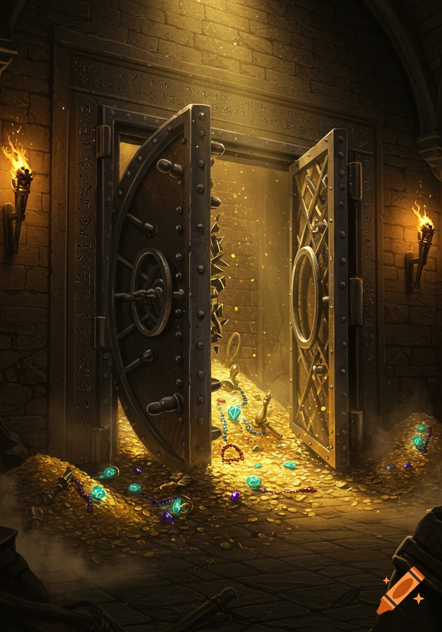 An ancient D&D bank vault door stands ajar, revealing a massive hoard of gold coins and sparkling jewels.