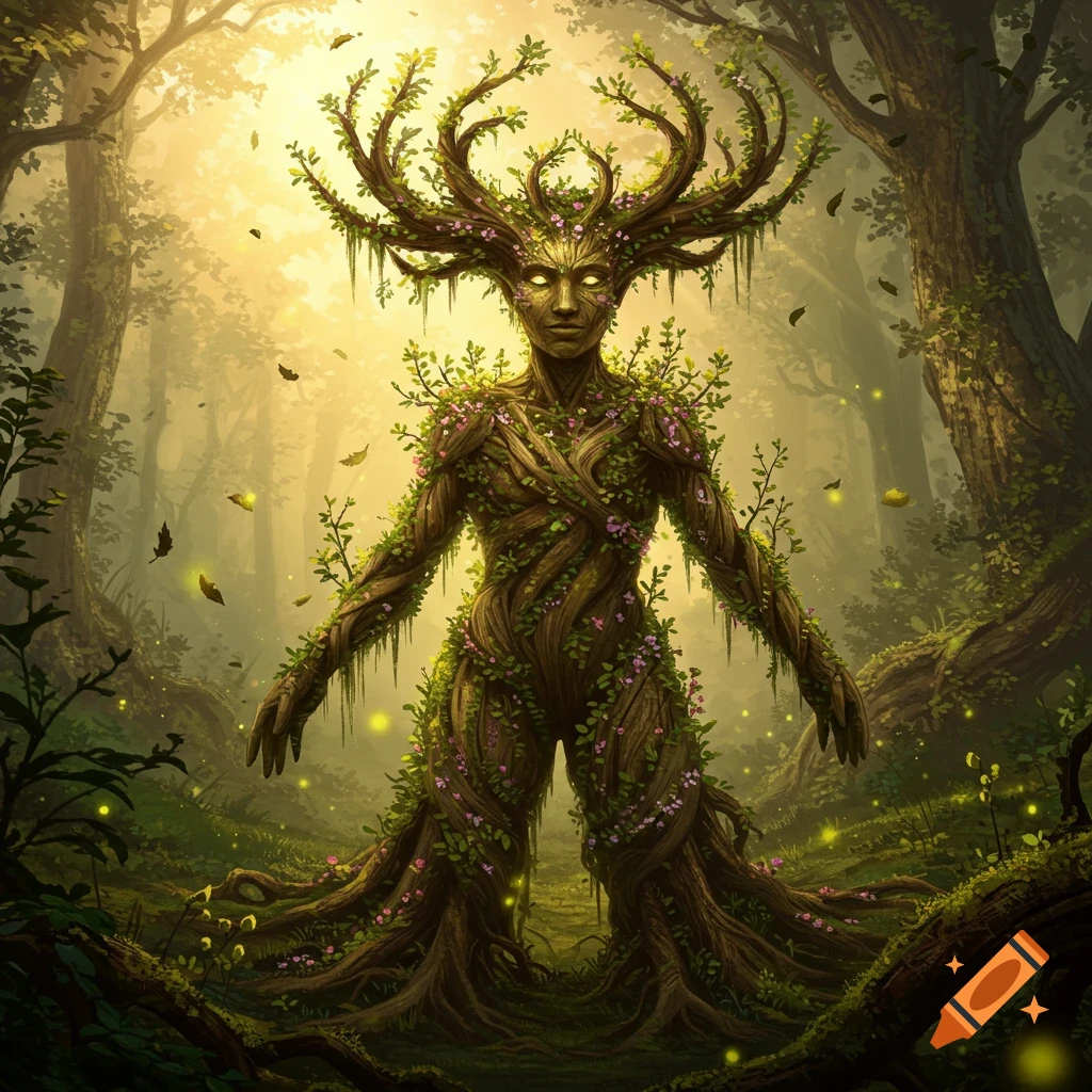 A majestic forest spirit with glowing eyes, made of gnarled wood, leaves, and antler branches, stands in a mystical, sunlit forest.