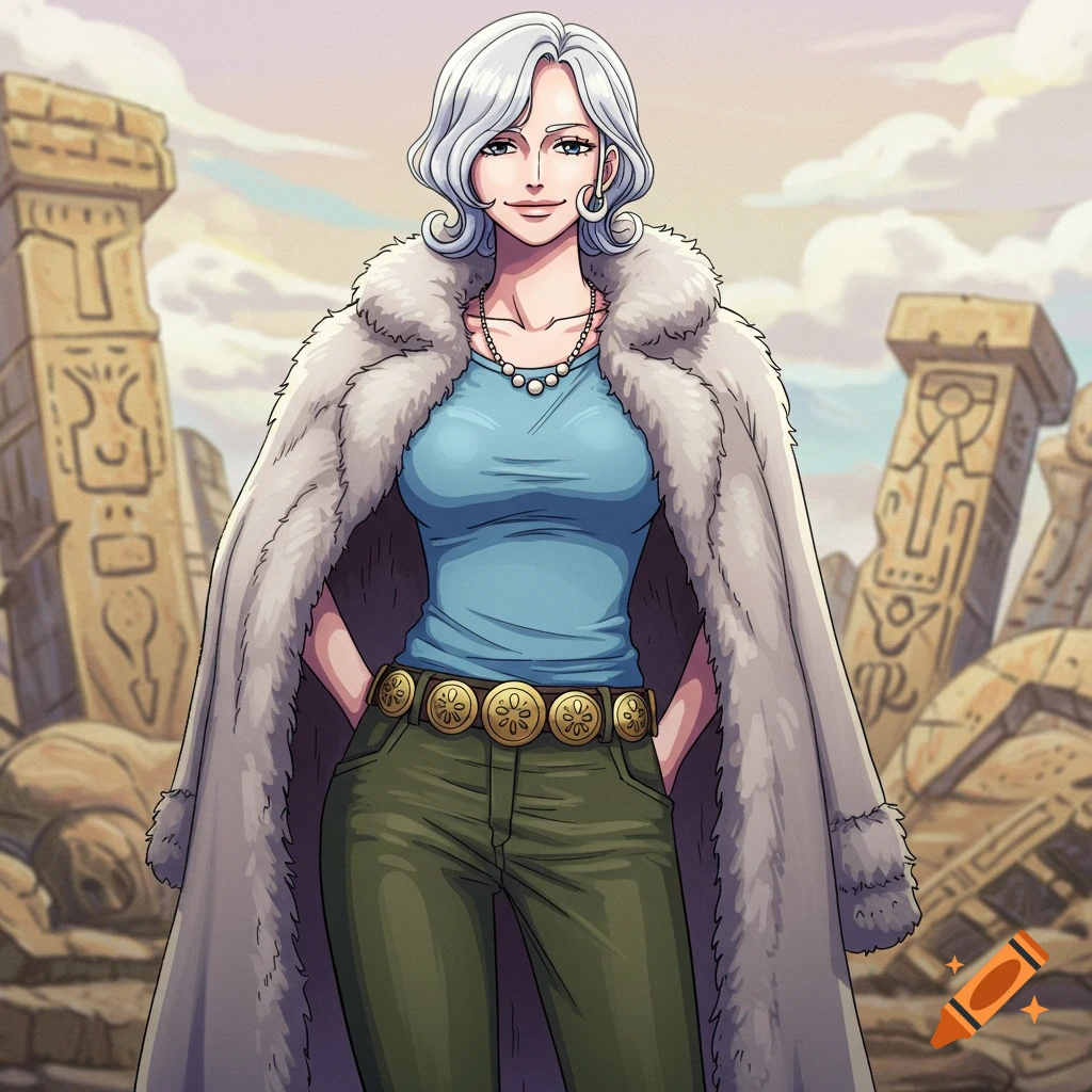 Anime-style woman with white hair, blue top, green pants, fur coat, and ornate belt, standing before ancient stone ruins.