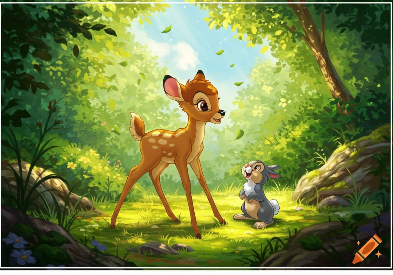 Bambi the deer and Thumper the rabbit stand in a sun-dappled forest with green trees and foliage.