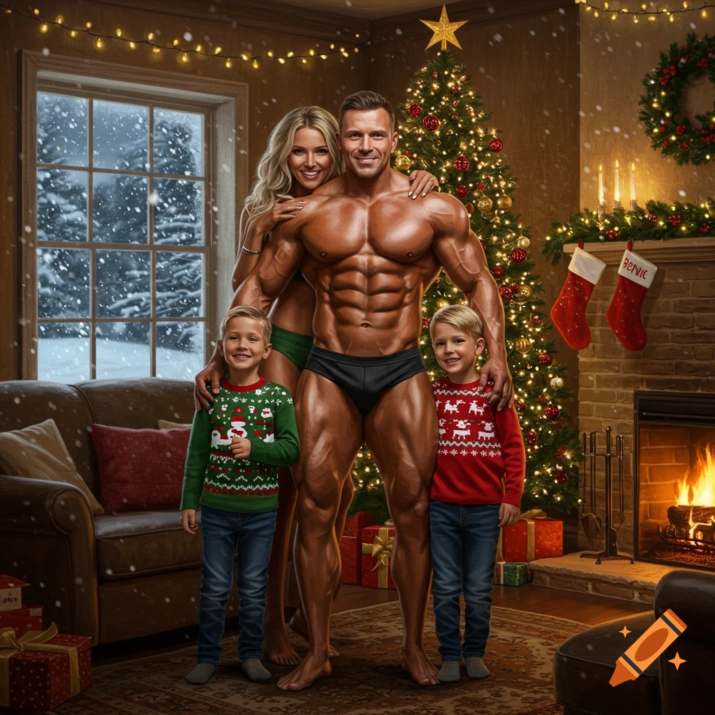 A muscular, shirtless bodybuilder and his wife in swimwear pose with their two young sons in Christmas sweaters in a festive living room.