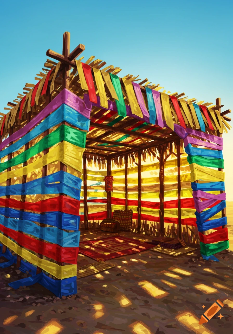 A colorful, illustrative Sukkah decorated with bright fabric strips, standing in a sunny desert landscape.