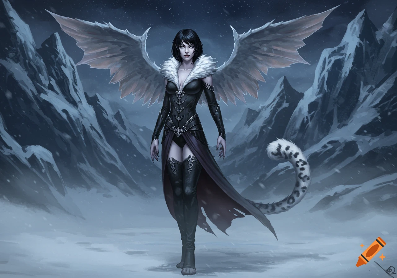 A dark fantasy woman with white wings and a spotted leopard tail stands in a snowy mountain landscape.