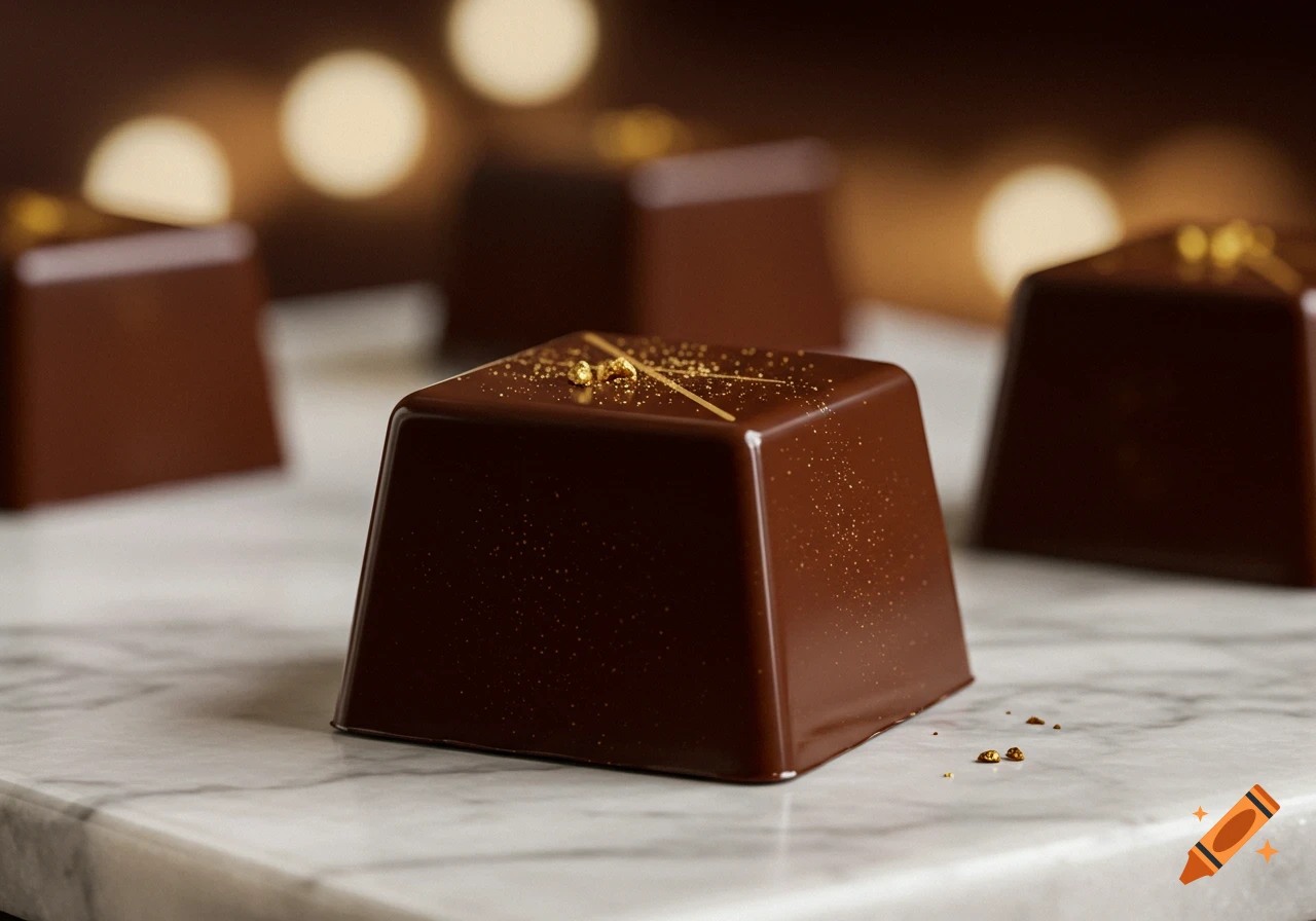 A luxurious dark chocolate bonbon with gold dust and a line design on a marble surface, with more blurred chocolates in the background.