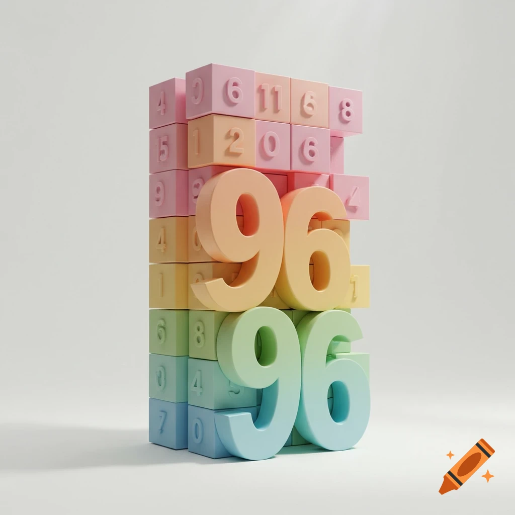 A pastel rainbow stack of number blocks, with two large "96" digits in the center, and smaller, random digits on the surrounding blocks.