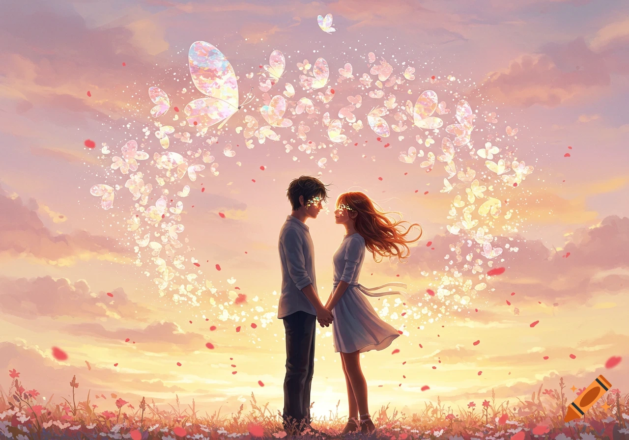 A young anime couple holds hands in a field of flowers at sunset, surrounded by glowing butterflies and falling petals.