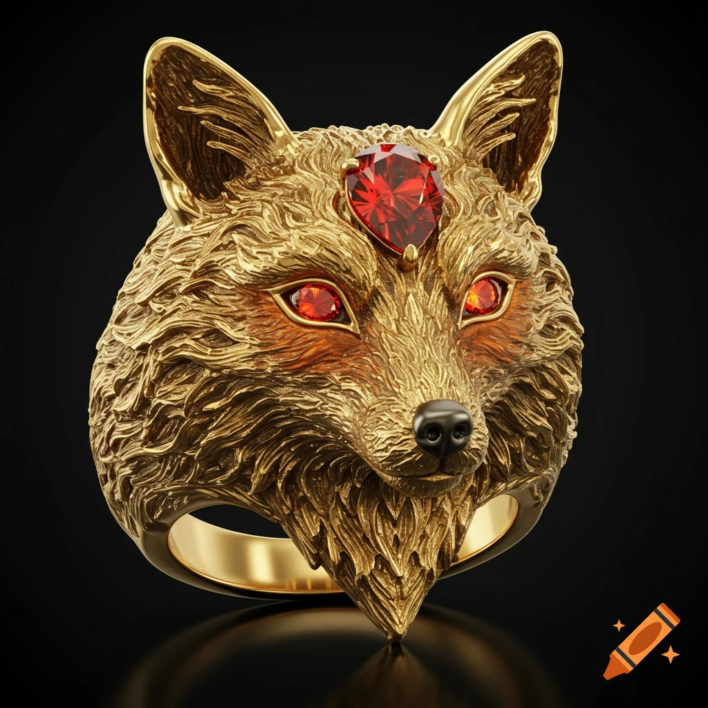 Luxurious gold fox head ring with a large red teardrop gemstone on the forehead and smaller red gemstones for eyes, against a dark background.