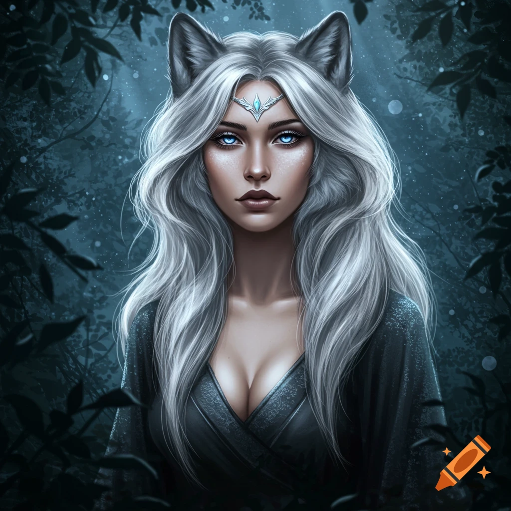 A fantasy portrait of a woman with long silver hair and wolf ears, wearing a dark dress, with glowing blue eyes, in a dark forest.