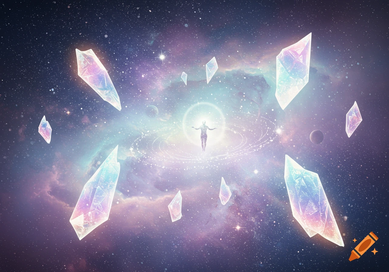 An ethereal figure with outstretched arms floats in a vibrant purple and blue nebula, surrounded by glowing, iridescent crystals and stars.