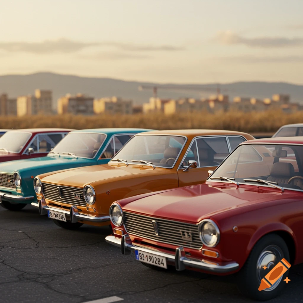 A line of vintage cars in various colors, including red, orange, and teal, parked on asphalt with a city skyline in the background at sunset. Photorealistic style.