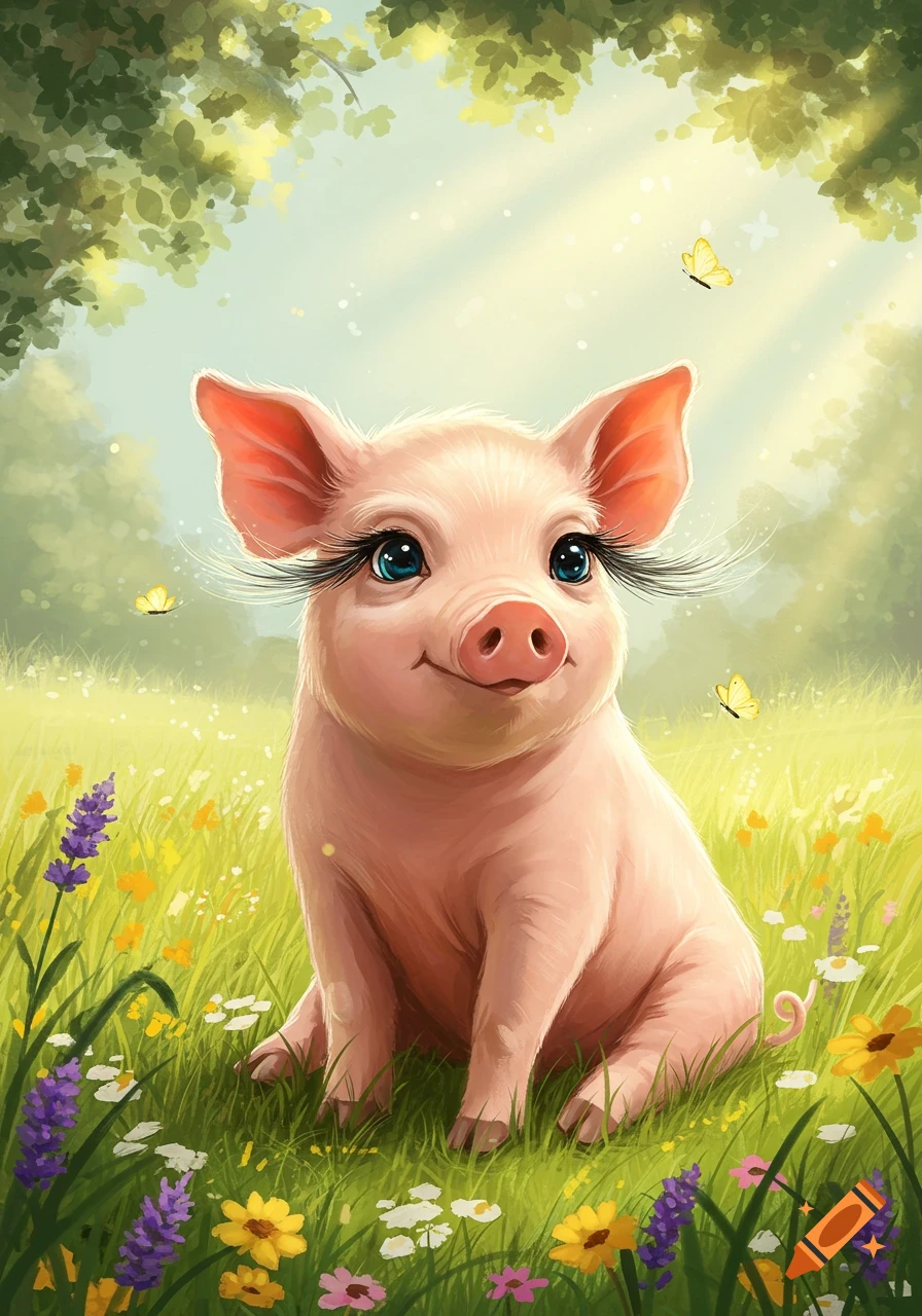 A cute pink cartoon pig with long eyelashes sits in a sunny field of colorful wildflowers with butterflies.