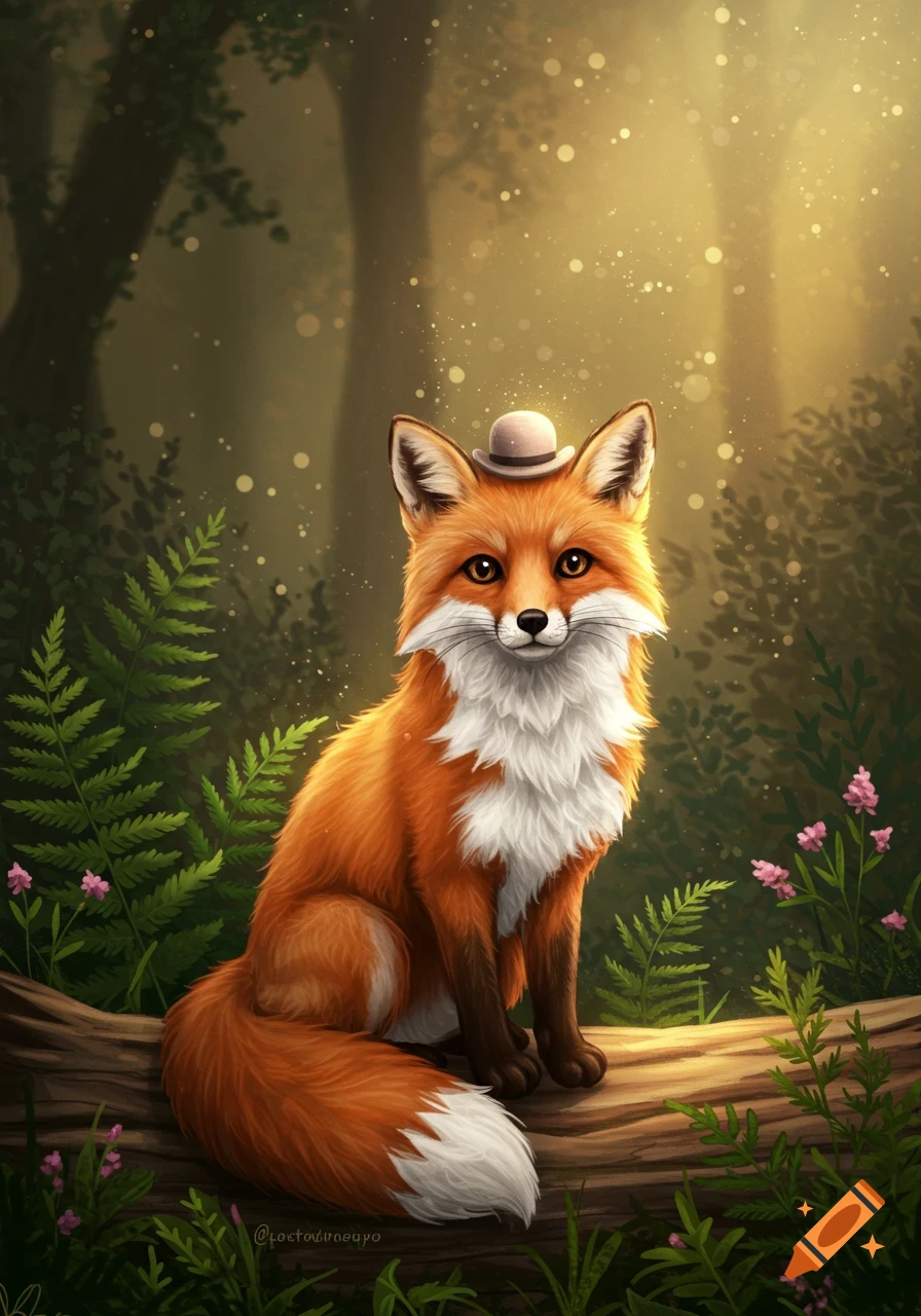 A cute, fluffy fox wearing a small hat sits on a log in a sun-dappled forest, digital art style.