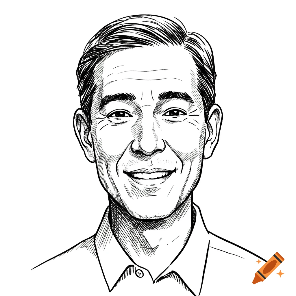 A black and white line art portrait of a smiling man with short hair.