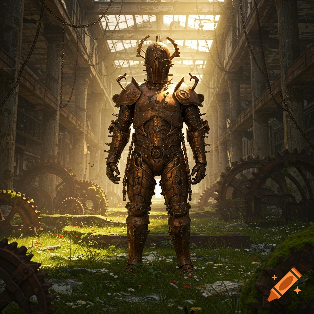 A rusty, ornate robot knight stands in a dilapidated factory with grass and gears, sunlight streaming from above.