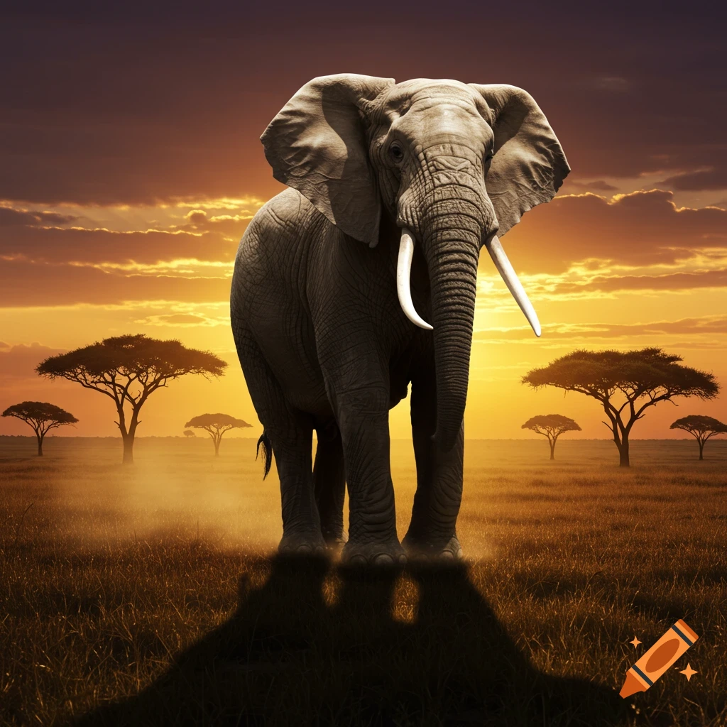Photorealistic image of a large elephant standing in a savanna at sunset with acacia trees and a vibrant sky.