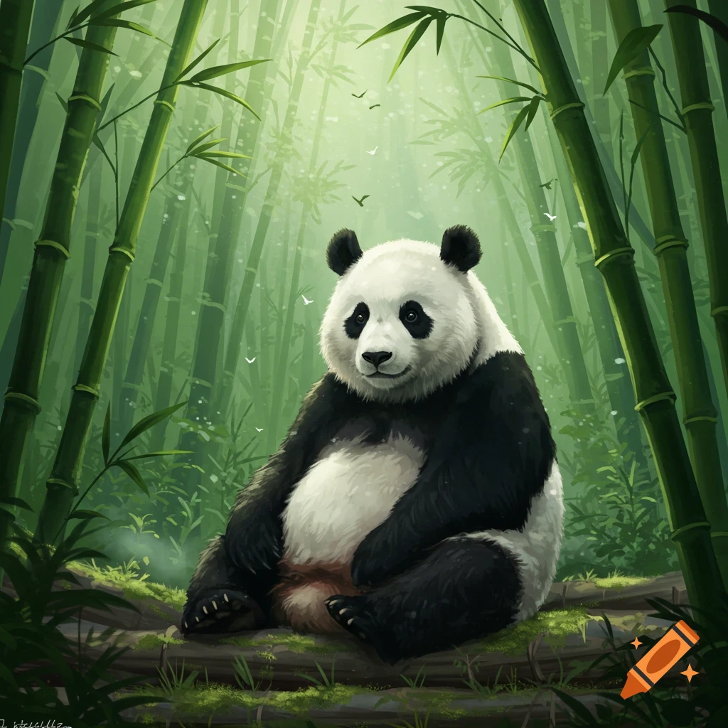 A charming illustration of a fluffy panda sitting on a log in a vibrant, misty bamboo forest with light shining through.