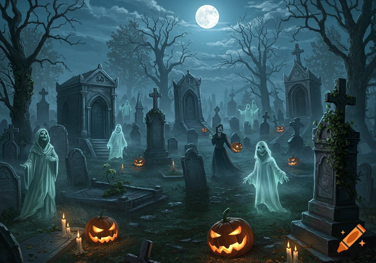 An atmospheric Halloween illustration of a moonlit graveyard with spooky trees, tombstones, crypts, ghosts, jack-o'-lanterns, and a person in dark attire.
