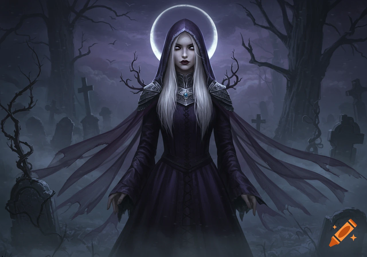 A mysterious white-haired woman in a dark hooded robe and armor stands in a moonlit graveyard in dark fantasy art style.