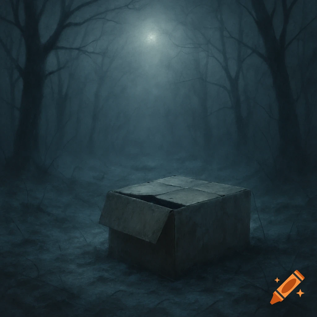 A partially opened cardboard box sits on the ground in a dark, misty, eerie forest.