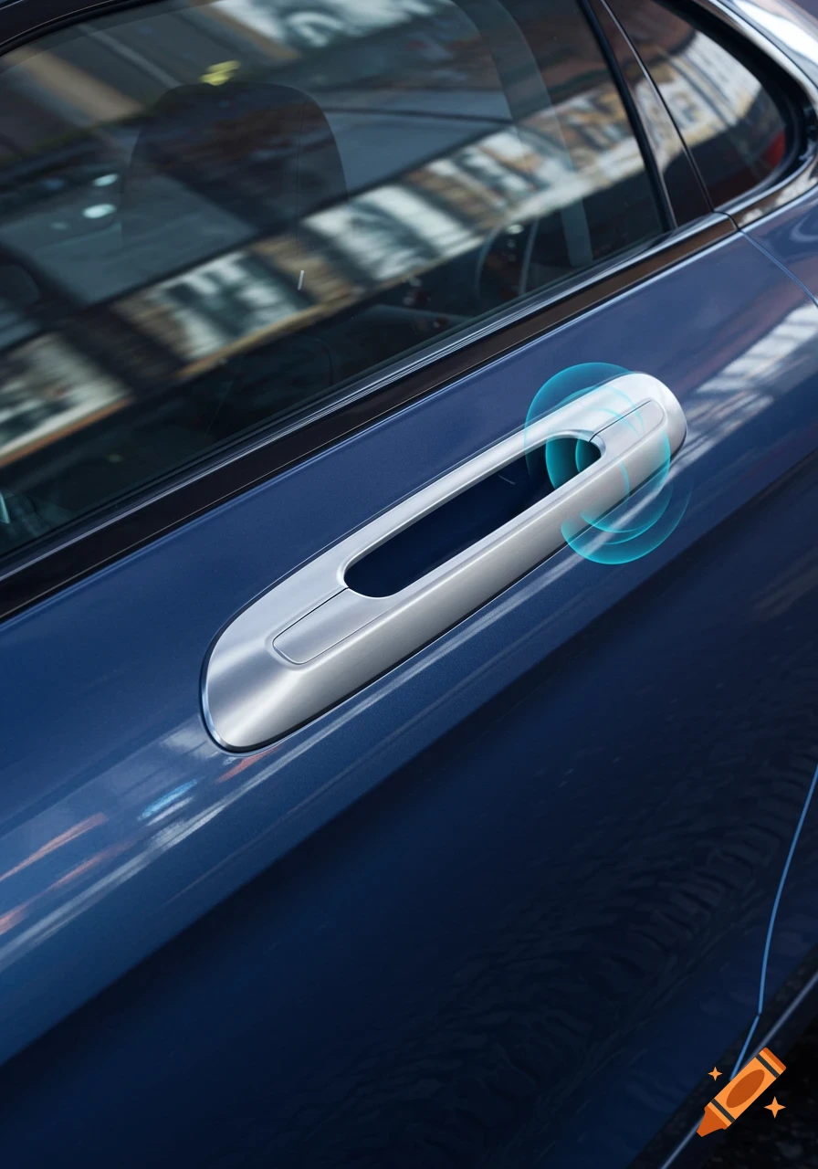 A close-up of a blue car door with a modern silver door handle emitting blue sensor waves.