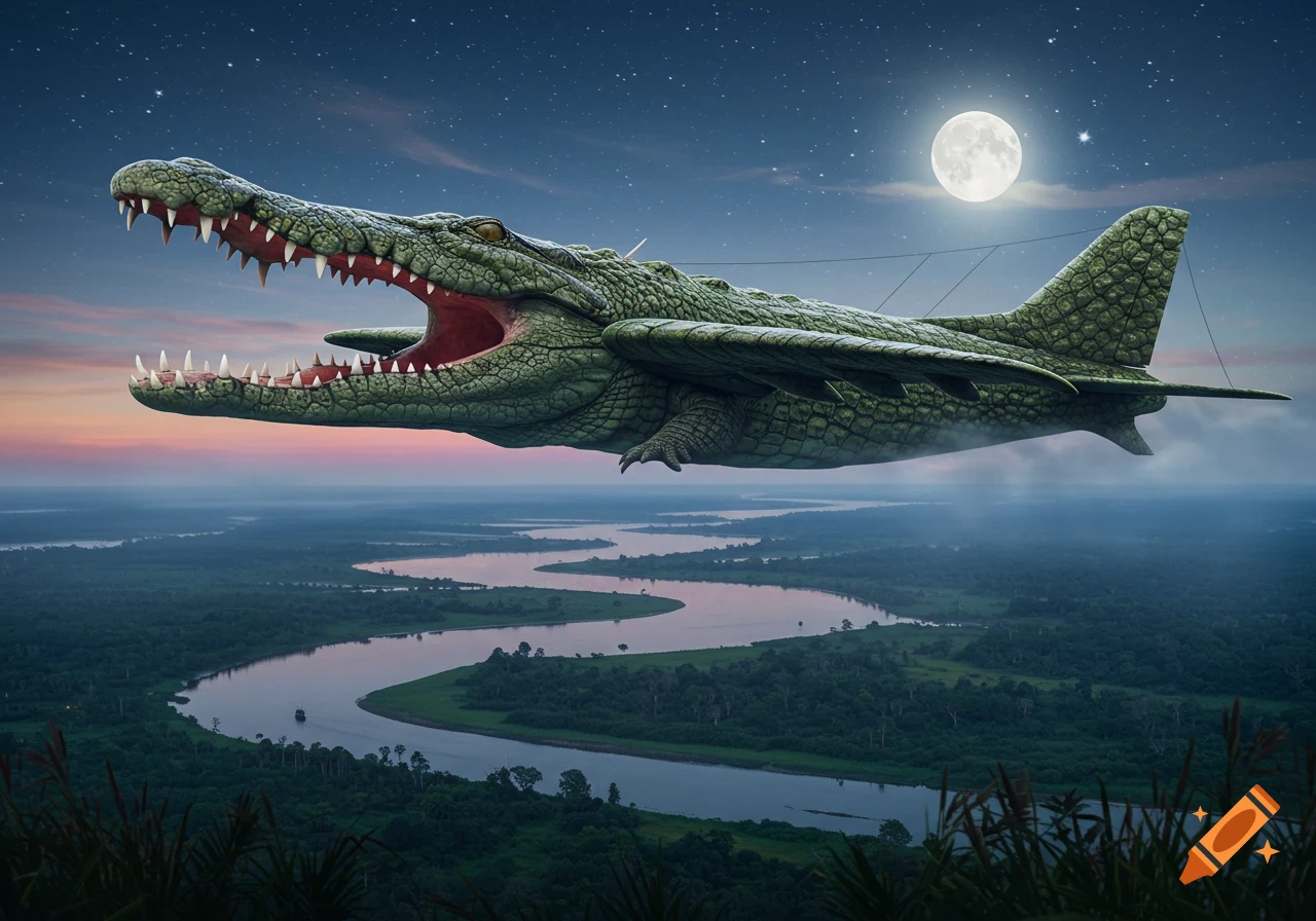A majestic crocodile airplane flies over a winding river and forest at twilight under a full moon and starry sky.
