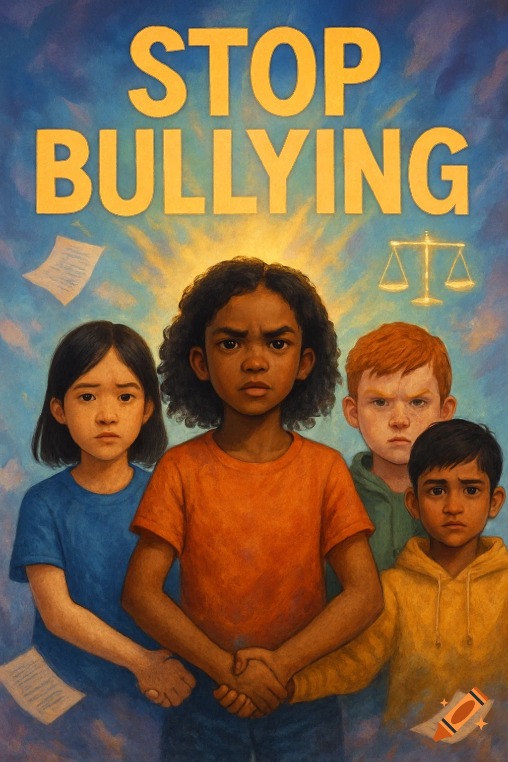 A painterly anti-bullying poster shows four children with serious expressions under the text "STOP BULLYING" and scales of justice.