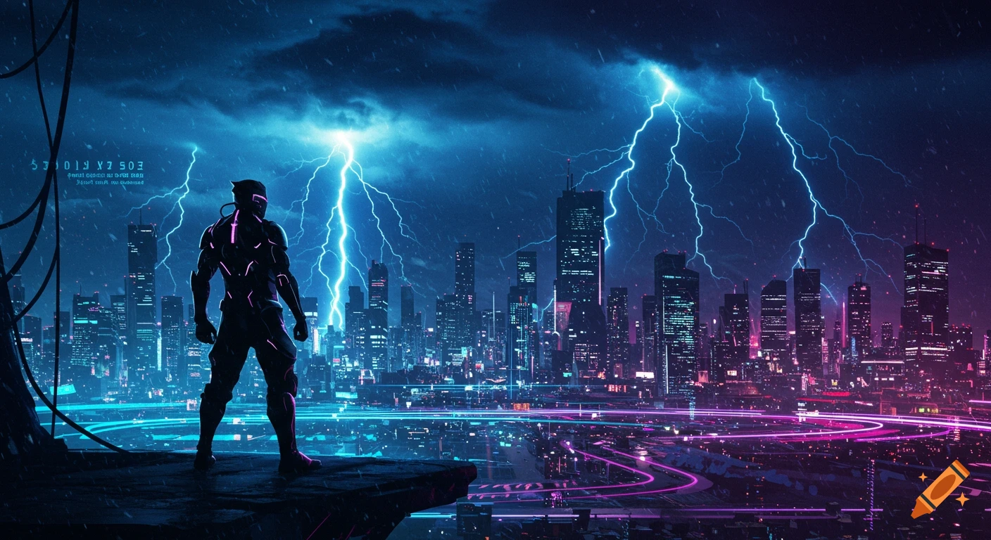 A figure in a glowing cybernetic suit stands overlooking a neon-lit futuristic city with powerful lightning strikes.