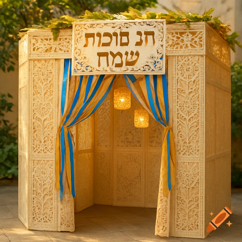 A decorated Sukkah with carved walls, blue and gold ribbons, two lanterns, and a Hebrew sign reading 'Happy Sukkot'.