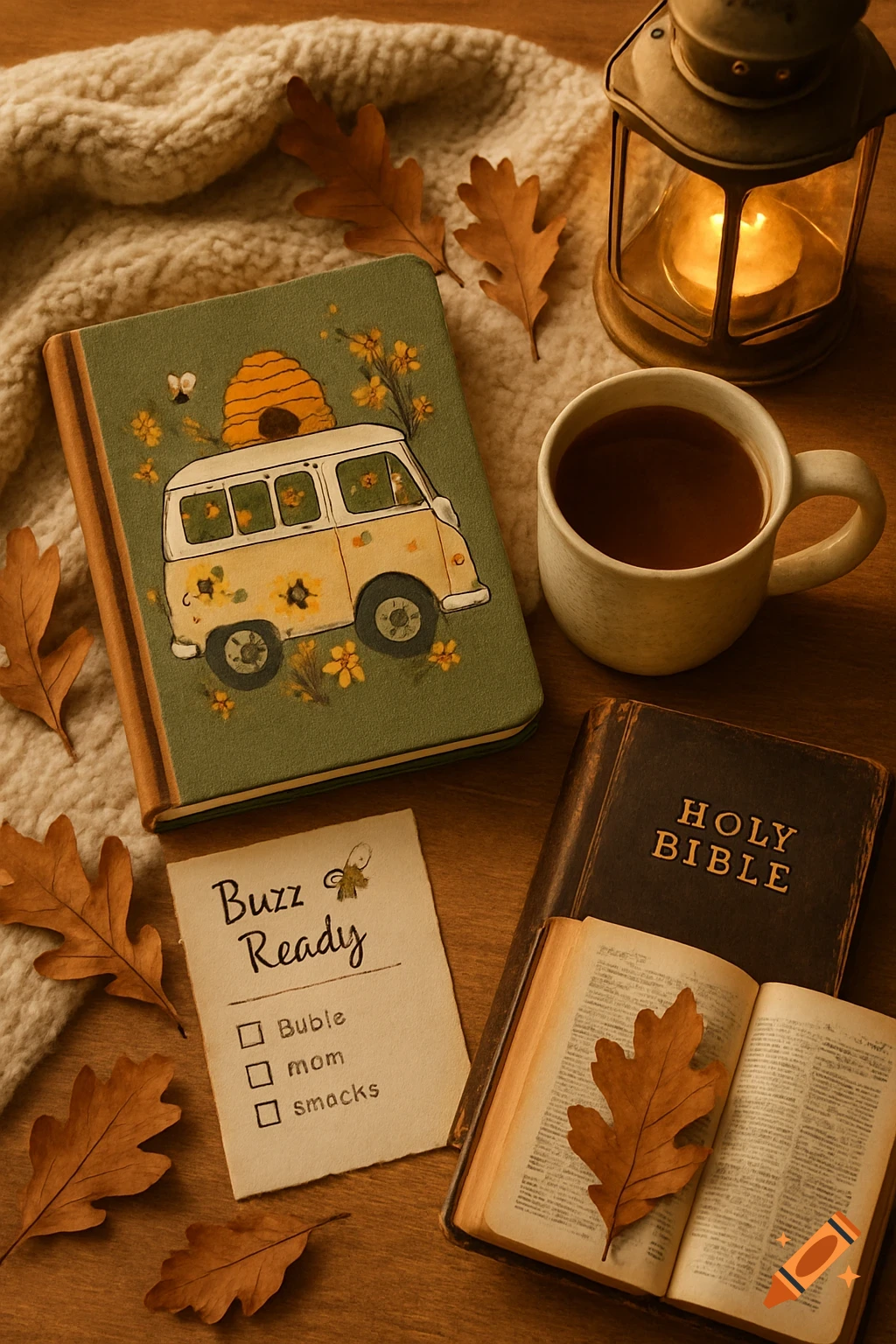 A warm, autumnal flat lay featuring a bee-themed journal, a mug of tea, an open Bible with a pressed leaf, a lantern, dried leaves, and a handwritten checklist, all set on a wool blanket.