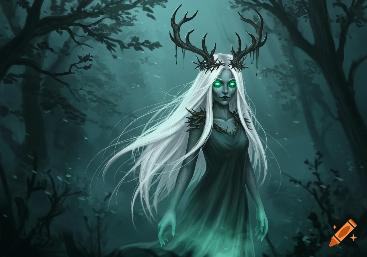 Ghostly woman with long white hair, antlers, and glowing green eyes in a dark, ethereal forest, digital art.